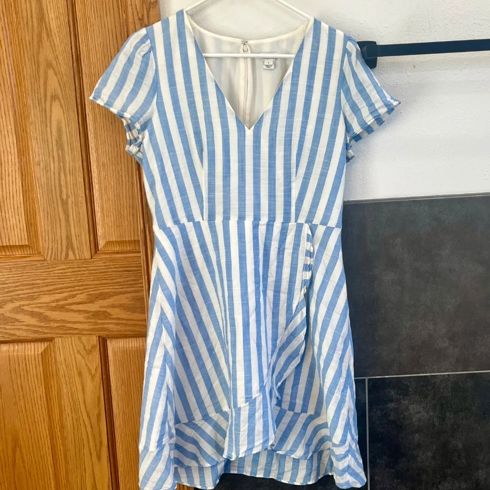 J. Crew Factory Blue and White Striped Faux Wrap Cotton Dress Size 6 - Picture 5 of 12